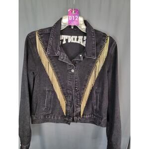 Western New Orleans Saints Jean Jacket Coat Denim Fringe Boho Embellish A12